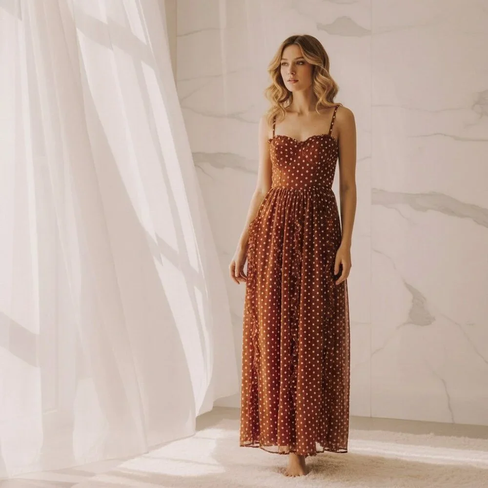 Embroidered flower ruffle maxi dress- Back smocking, ruffled skirt - Picture 9 of 13